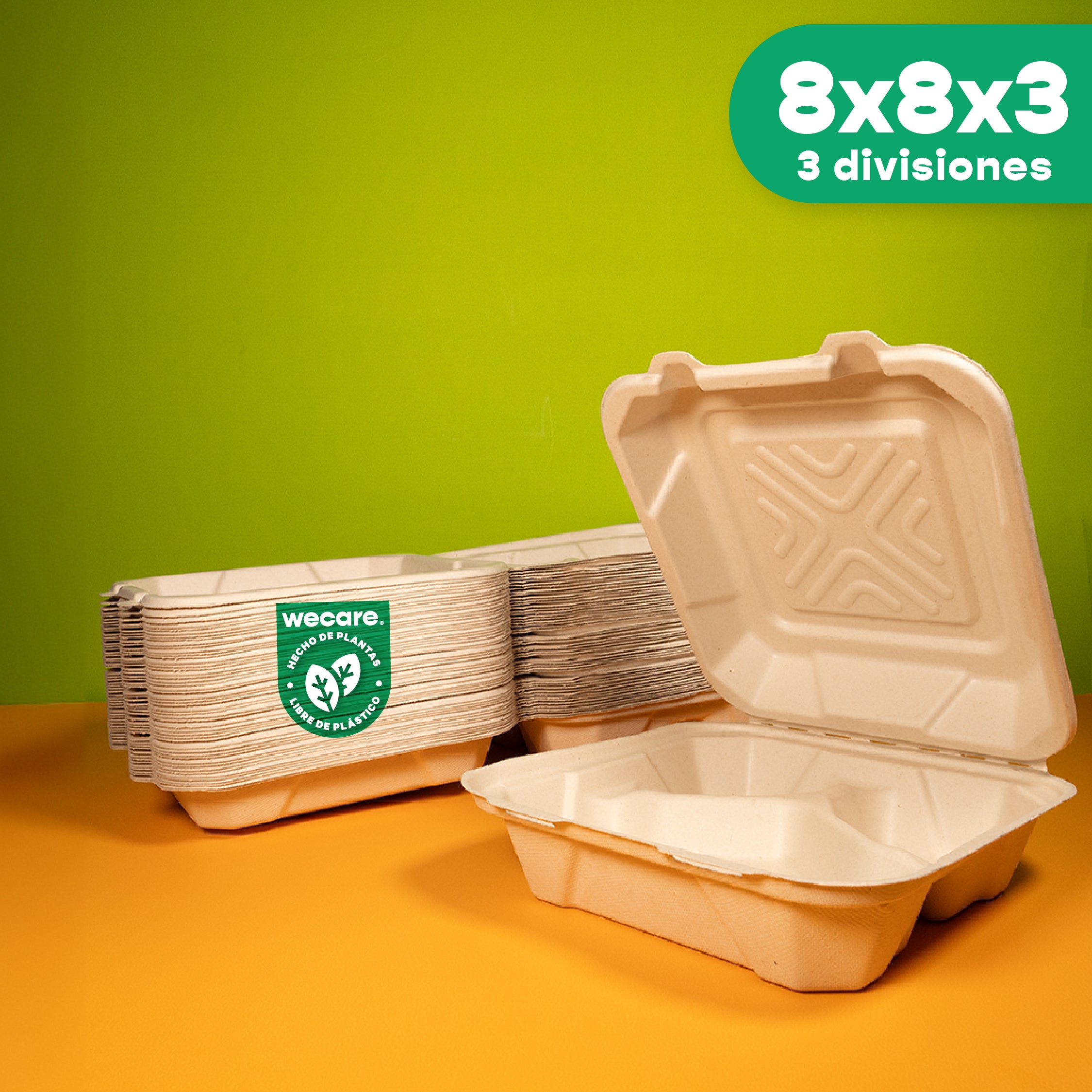 Disposable and Biodegradable Food Container 8x8x3 w/3 Dividers - We Care