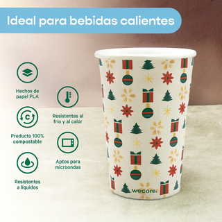 Vaso Navideño| Papel PLA | 12 oz / 355 ml | Compostable y biodegradable