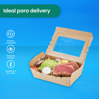 Caja Papel Con Ventana Delivery | Papel PLA | Grande | Compostable y biodegradable