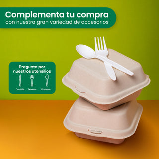 Contenedor Almeja 3 div. | Bagazo Trigo | 8x8x3" / 20.3x20.3x7.6 cm | Compostable y biodegradable