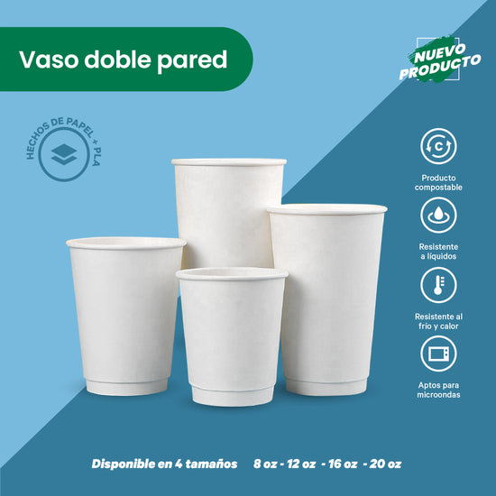 Vaso Térmico Doble Pared | Papel - Ácido  Poliláctico PLA | 8 oz / 236 ml | Compostable y biodegradable