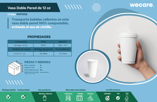 Vaso Térmico Doble Pared | Papel - Ácido  Poliláctico PLA | 12 oz / 355 ml | Compostable y biodegradable