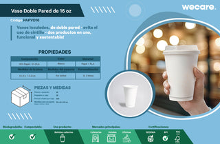 Vaso Térmico Doble Pared | Papel - Ácido  Poliláctico PLA | 16 oz / 473 ml | Compostable y biodegradable