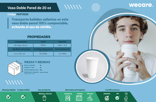 Vaso Térmico Doble Pared | Papel - Ácido  Poliláctico PLA | 20 oz / 591 ml | Compostable y biodegradable