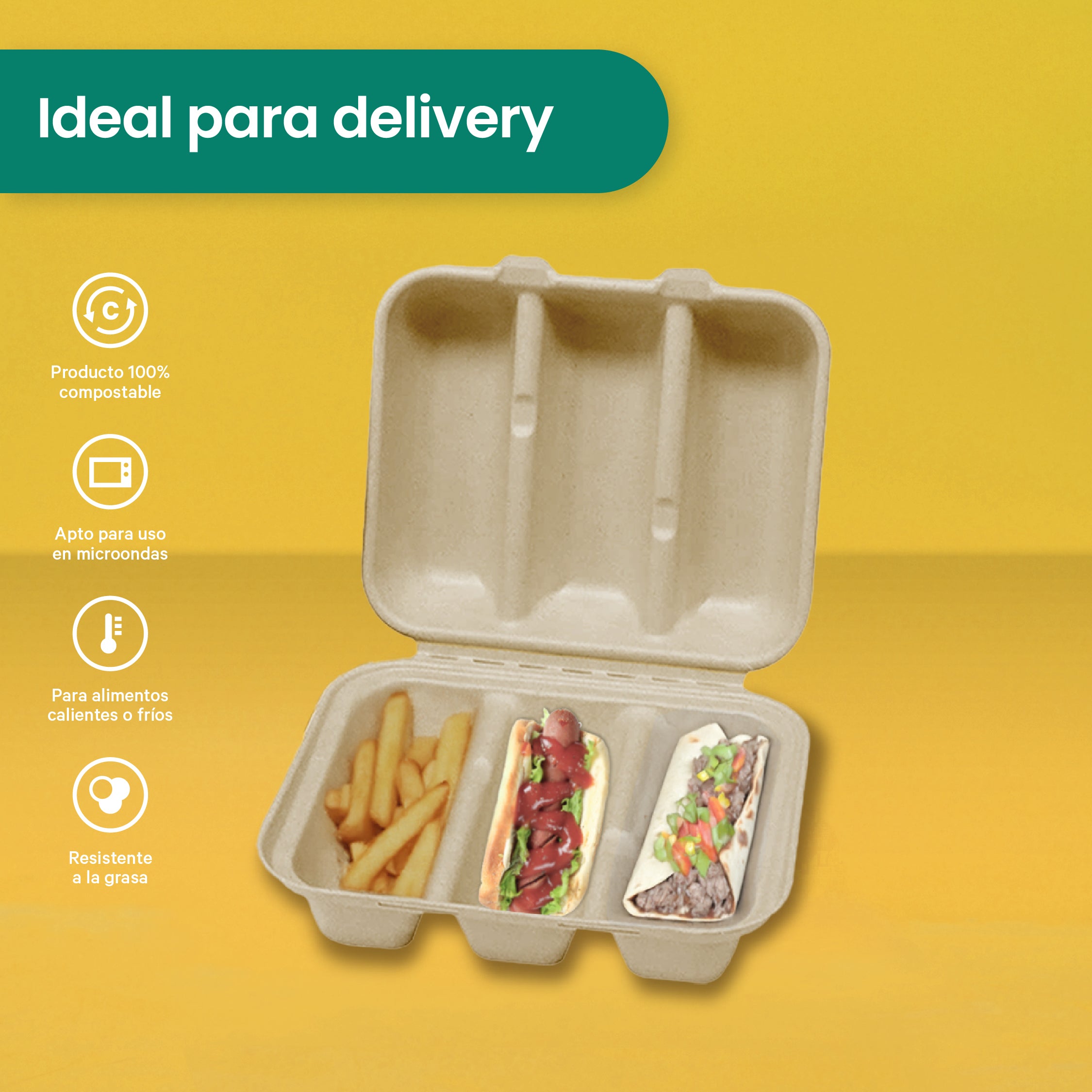 Disposable and Biodegradable Food Container 8x8x3 w/3 Dividers - We Care