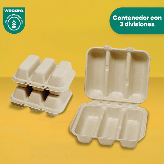 Contenedor 3 Div Taquero | Bagazo Trigo | Compostable y biodegradable