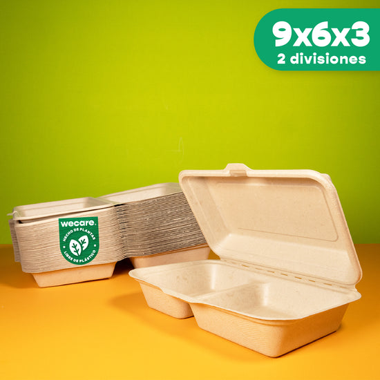 Contenedor Almeja 2 div. | Bagazo Trigo | 9x6x3 / 22.8x15.2x7.6 cm | Compostable y biodegradable