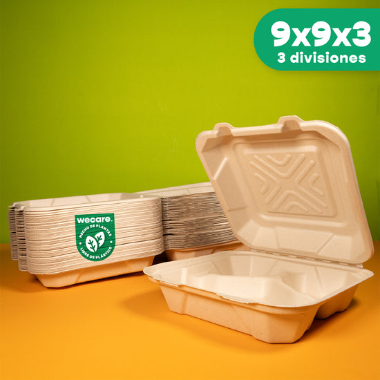 Contenedor Almeja 3 Div.| Bagazo Trigo | 9x9x3" / 22.8 x 22.8 x 7.6 cm | Compostable y biodegradable