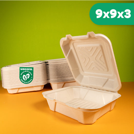 Contenedor Almeja | Bagazo Trigo | 9x9x3 / 22.8x22.8x7.6 cm | Compostable y biodegradable