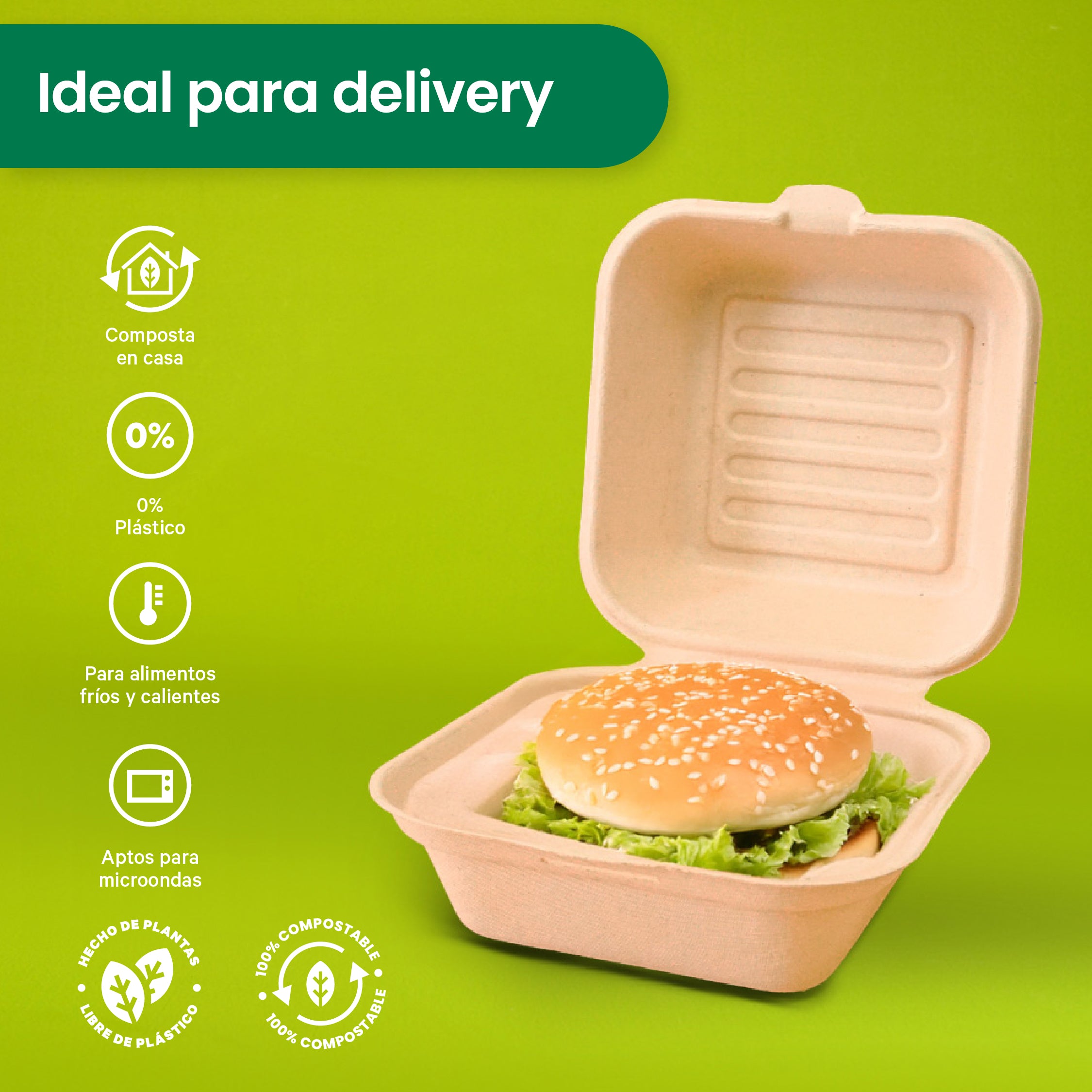 Contenedor Almeja | Bagazo Trigo | 6x6x3" / 15.2x15.2x7.6 cm | Compostable y biodegradable