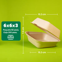 Contenedor Almeja | Bagazo Trigo | 6x6x3" / 15.2x15.2x7.6 cm | Compostable y biodegradable