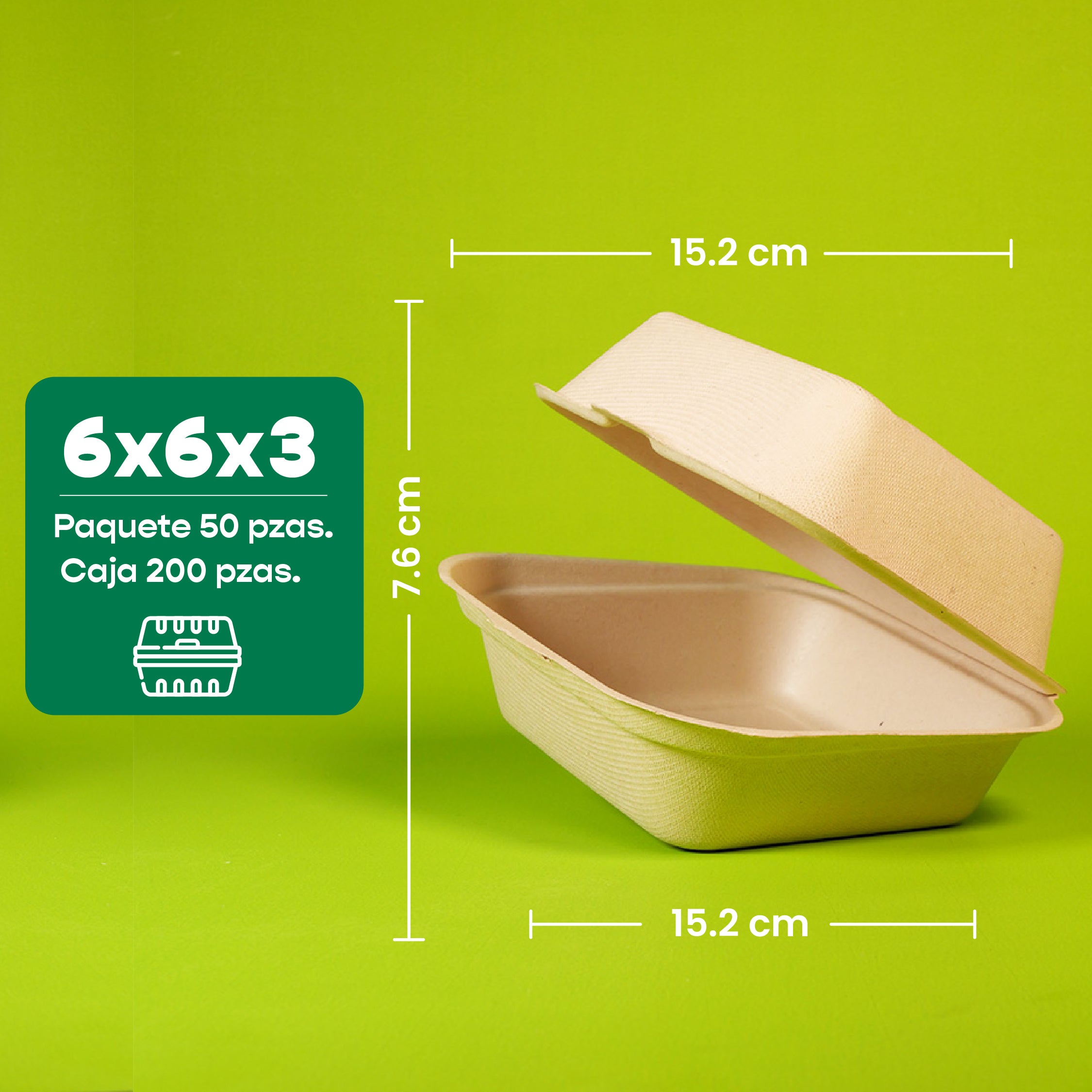 Contenedor Almeja | Bagazo Trigo | 6x6x3" / 15.2x15.2x7.6 cm | Compostable y biodegradable