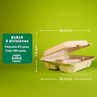 Contenedor Almeja 3 div. | Bagazo Trigo | 8x8x3" / 20.3x20.3x7.6 cm | Compostable y biodegradable