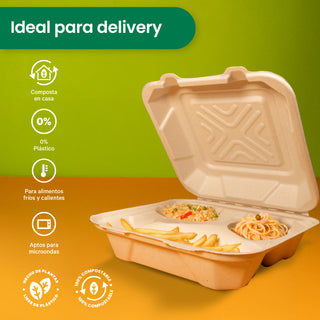 Contenedor Almeja 3 div. | Bagazo Trigo | 8x8x3" / 20.3x20.3x7.6 cm | Compostable y biodegradable