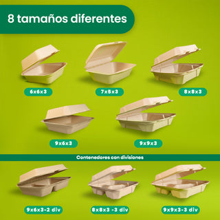 Contenedor Almeja 3 div. | Bagazo Trigo | 8x8x3" / 20.3x20.3x7.6 cm | Compostable y biodegradable